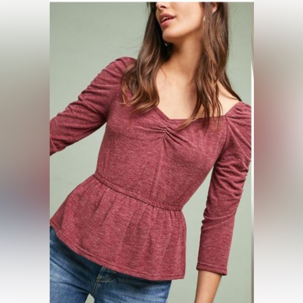 Anthropologie Maroon Peplum Long-Sleeve Top